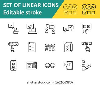 Set of Survey Related Vector Line Icons. Contains such Icons as Smile, Sad, Review, Click, Check, Customer Opinion, Web Survey and more. Editable Stroke. 32x32 Pixels