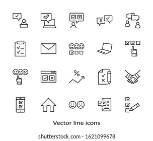 Set of Survey Related Vector Line Icons. Contains such Icons as Smile, Sad, Review, Click, Check, Customer Opinion, Web Survey and more. Editable Stroke. 32x32 Pixels
