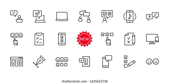 Set of Survey Related Vector Line Icons. Contains such Icons as Smile, Sad, Review, Click, Check, Customer Opinion, Web Survey and more. Editable Stroke. 32x32 Pixels
