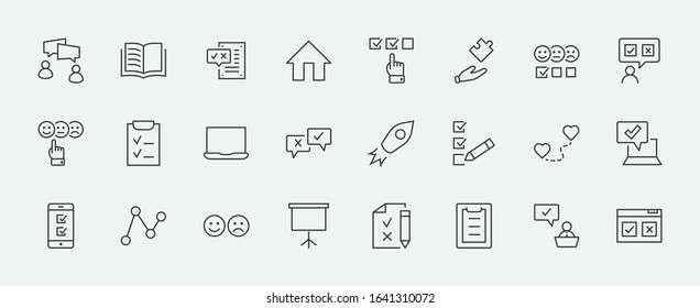 Set of Survey Related Vector Line Icons. Contains such Icons as Smile, Sad, Review, Click, Check, Customer Opinion, Web Survey and more. Editable Stroke. 32x32 Pixels