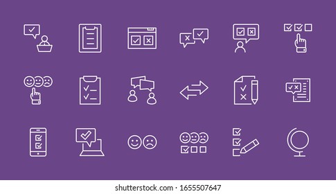 Conjunto de iconos de línea de vectores relacionados con la encuesta. Contiene iconos como Sonrisa, Triste, Revisar, Clic, Comprobar, Opinión del Cliente, Encuesta Web y más. Trazo editable. 32 x 32 píxeles