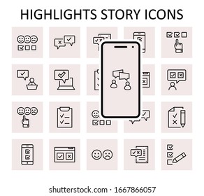 Set of Survey Related Vector Line Icons. Contains such Icons as Smile, Sad, Review, Click, Check, Customer Opinion, Web Survey and more. Editable Stroke. 32x32 Pixels