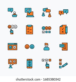 Set of Survey Related Vector Line Icons. Contains such Icons as Smile, Sad, Review, Click, Check, Customer Opinion, Web Survey and more. Editable Stroke. 32x32 Pixel Perfect