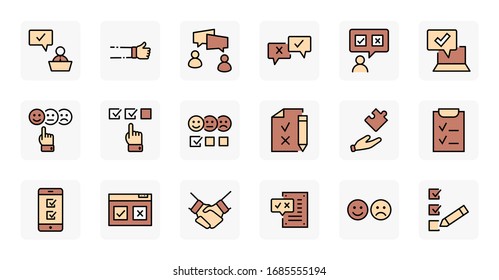 Conjunto de iconos de línea de vectores relacionados con la encuesta. Contiene iconos como Sonrisa, Triste, Revisar, Clic, Comprobar, Opinión del Cliente, Encuesta Web y más. Trazo editable. Perfecto para 32 x 32 píxeles