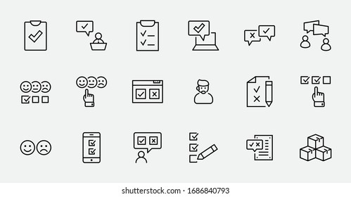 Set of Survey Related Vector Line Icons. Contains such Icons as Smile, Sad, Review, Click, Check, Customer Opinion, Web Survey and more. Editable Stroke. 32x32 Pixels