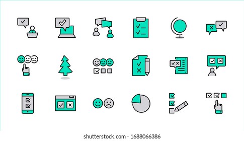 Set of Survey Related Vector Line Icons. Contains such Icons as Smile, Sad, Review, Click, Check, Customer Opinion, Web Survey and more. Editable Stroke. 32x32 Pixel Perfect