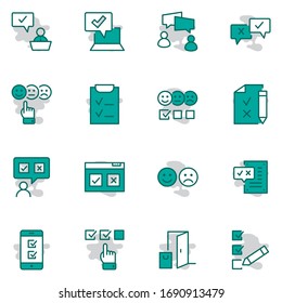 Set of Survey Related Vector Line Icons. Contains such Icons as Smile, Sad, Review, Click, Check, Customer Opinion, Web Survey and more. Editable Stroke. 32x32 Pixel Perfect