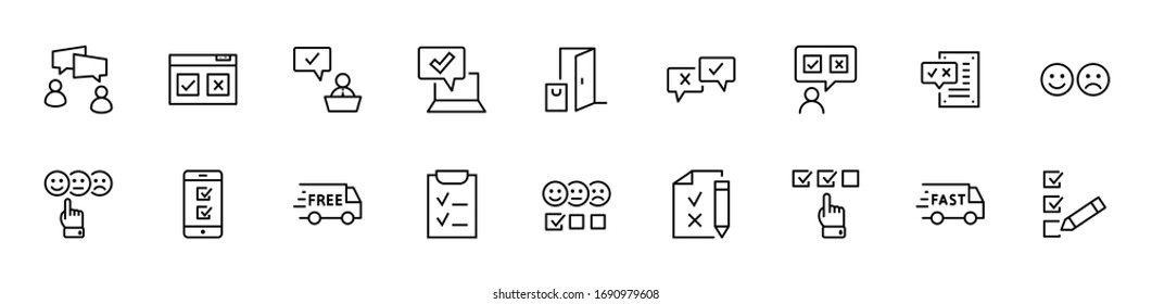 Set of Survey Related Vector Line Icons. Contains such Icons as Smile, Sad, Review, Click, Check, Customer Opinion, Web Survey and more. Editable Stroke. 32x32 Pixels