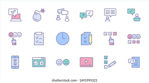 Set of Survey Related Vector Line Icons. Contains such Icons as Smile, Sad, Review, Click, Check, Customer Opinion, Web Survey and more. Editable Stroke. 32x32 Pixel Perfect