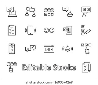 Set von Vektorillustration-Symbolen für die Umfrage. Enthält Symbole wie Lächeln, Traurigkeit, Überprüfung, Klicken, Überprüfen, Kundenanhören, Webumfrage und mehr. Bearbeitbarer Stroke. 32 x 32 Pixel