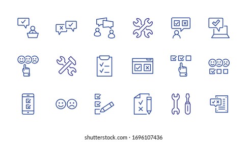 Set of Survey Related Vector Line Icons. Contains such Icons as Smile, Sad, Review, Click, Check, Customer Opinion, Web Survey and more. Editable Stroke. 32x32 Pixels