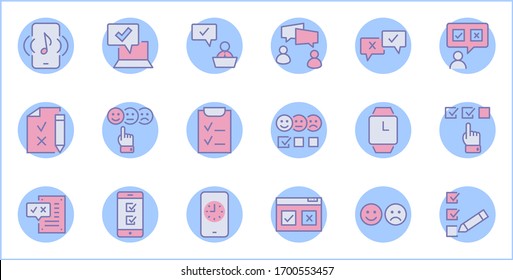 Set of Survey Related Vector Line Icons. Contains such Icons as Smile, Sad, Review, Click, Check, Customer Opinion, Web Survey and more. Editable Stroke. 32x32 Pixel Perfect