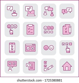Set of Survey Related Vector Line Icons. Contains such Icons as Smile, Sad, Review, Click, Check, Customer Opinion, Web Survey and more. Editable Stroke. 32x32 Pixel Perfect