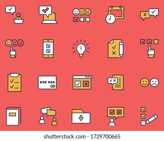 Set of Survey Related Vector Line Icons. Contains such Icons as Smile, Sad, Review, Click, Check, Customer Opinion, Web Survey and more. Editable Stroke. 32x32 Pixel Perfect