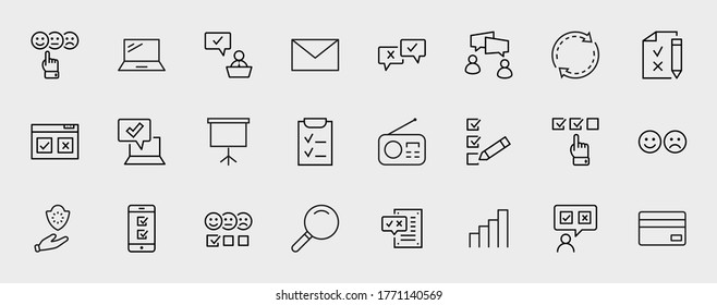 Conjunto de iconos de línea de vectores relacionados con la encuesta. Contiene iconos como Sonrisa, Triste, Revisar, Clic, Comprobar, Opinión del Cliente, Encuesta Web y más. Stroke editable. 32x32 píxeles