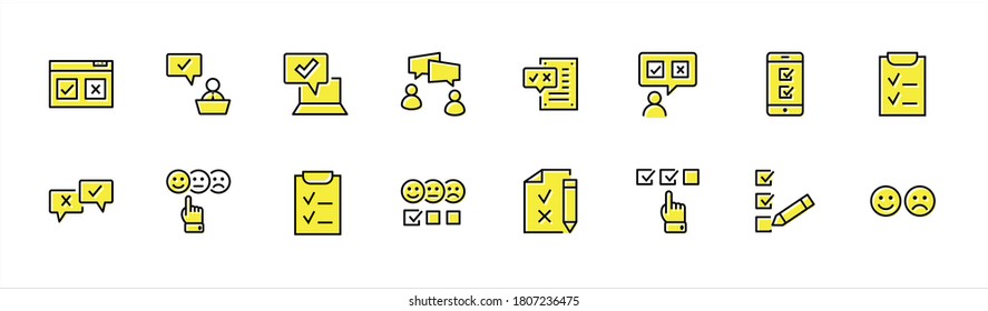 Set of Survey Related Vector Line Icons. Contains such Icons as Smile, Sad, Review, Click, Check, Customer Opinion, Web Survey and more. Editable Stroke. 32x32 Pixel Perfect