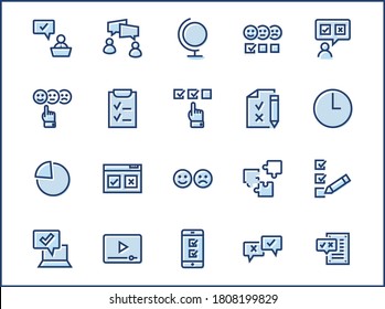 Satz von Vektorliniensymbolen für Umfragen. Enthält Symbole wie Lächeln, Traurigkeit, Überprüfung, Klicken, Überprüfen, Kundenanhören, Webumfrage und mehr. Bearbeitbarer Stroke. 32 x 32 Pixel perfekt