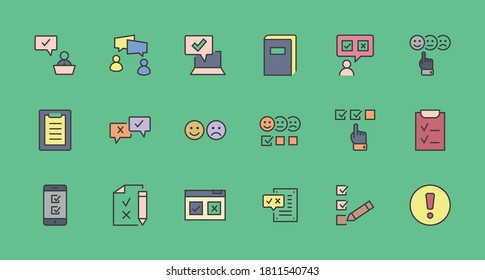 Set of Survey Related Vector Line Icons. Contains such Icons as Smile, Sad, Review, Click, Check, Customer Opinion, Web Survey and more. Editable Stroke. 32x32 Pixel Perfect