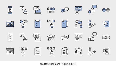 Conjunto de iconos de línea de vectores relacionados con la encuesta. Contiene iconos como Sonrisa, Triste, Revisar, Clic, Comprobar, Opinión del Cliente, Encuesta Web y más. Stroke editable. 32x32 Perfecto para píxeles