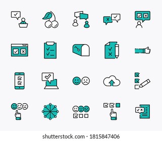 Set of Survey Related Vector Line Icons. Contains such Icons as Smile, Sad, Review, Click, Check, Customer Opinion, Web Survey and more. Editable Stroke. 32x32 Pixel Perfect