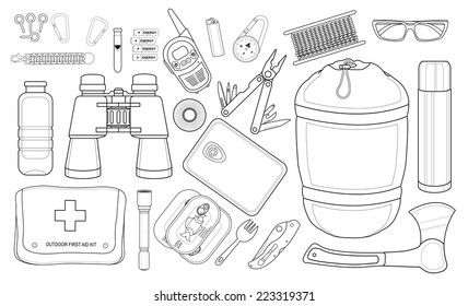 Set of survival camping equipment: carabiner, whistle, batteries, radio set, lighter, compass,  rope, sunglasses, bracelet, bottle, line art