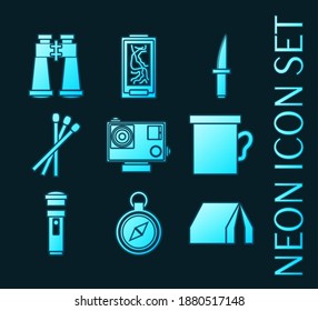 Set of Survival kit blue glowing neon icons.
