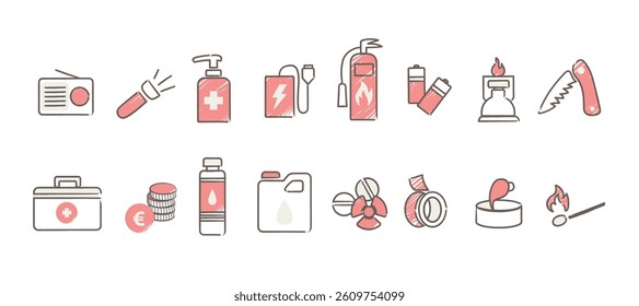 Set of survival kit icons including essentials like first aid, flashlight, water, and tools. Design elements for emergency preparation, outdoor adventures and safety