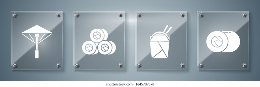 Set Sushi, Asian noodles in paper box and chopsticks, Sushi and Japanese umbrella from the sun. Square glass panels. Vector