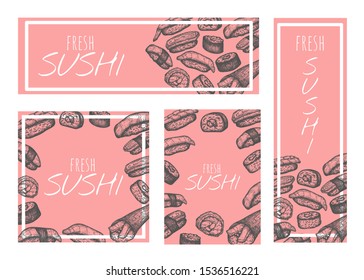 Set of sushi banners, hand drawn sushi design.