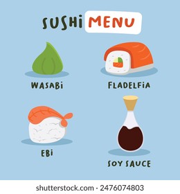 Conjunto de dibujos animados de sushi ilustración de dibujo a mano