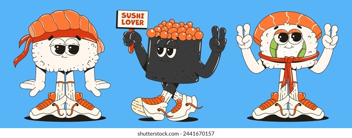 A set of sushi characters in trendy retro groovy style. Funny mascots for restaurants, bars, Japanese food. 