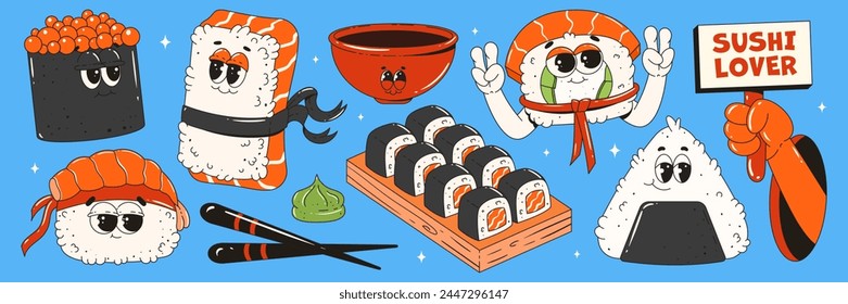 A set of sushi characters in trendy retro groovy style. Funny mascots for restaurants, bars, Japanese food.