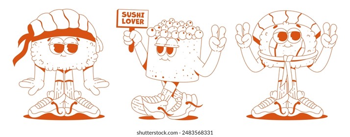 A set of sushi characters in trendy retro groovy style. Funny mascots for restaurants, bars, Japanese food  in a monochrome palette.