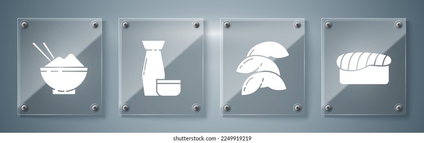 Set Sushi, Chinese fortune cookie, Traditional Japanese tea ceremony and Rice in a bowl with chopstick. Square glass panels. Vector