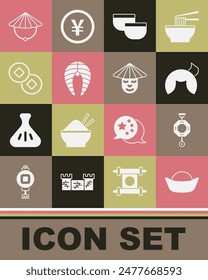 Set Sushi, Chinese paper lantern, fortune cookie, tea ceremony, Fish steak, Yuan currency, conical straw hat and man icon. Vector