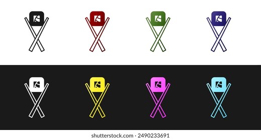 Set Sushi with chopsticks icon isolated on black and white background. Traditional Japanese food.  Vector