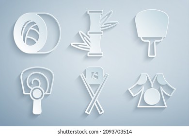 Set Sushi with chopsticks, Korean hand fan, Kimono, Bamboo and  icon. Vector