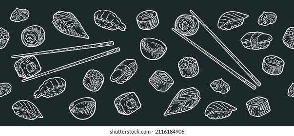 Set sushi. Chopsticks, wasabi, nigiri, maki, uramaki, sake, temaki, philadelphia, ikura, soy sauce in bowl. Isolated on white Vintage black vector engraving