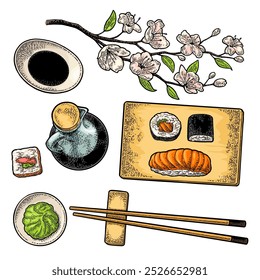 Pon Sushi. Palillos, wasabi, nigiri, rollos de maki, masago, tablero de madera, salsa de soja, botella, tazón, rama de cereza sakura con flores y yema. Aislado en blanco. Grabado de Vector en color de Antiguas