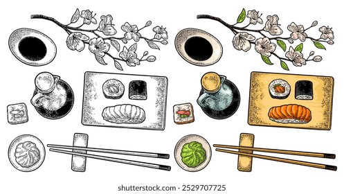 Pon Sushi. Palillos, wasabi, nigiri, rollos de maki, masago, tablero de madera, salsa de soja, botella, tazón, rama de cereza sakura con flores y yema. Aislado en blanco. Grabado de Vector en color de Antiguas