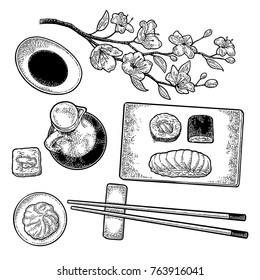 Set Sushi. Chopsticks, wasabi, nigiri, rolls, board, soy sauce, bottle, bowl, sakura cherry branch with flowers and bud. Isolated on white. Isolated on white background. Vintage black vector engraving