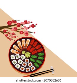 Set of sushi, chopsticks, wasabi and soy sauce on round plate with red-pink flower decoration. Japanese food vector illustration. Top view sushi.