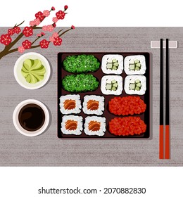 Set of sushi, chopsticks, wasabi and soy sauce with red-pink flower decoration on plate mat. Japanese food vector illustration. Top view sushi.