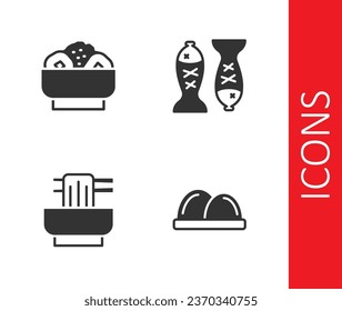 Set Sushi, Chow mein on plate, Asian noodles bowl and Served fish icon. Vector