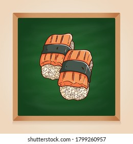 conjunto de sushi con estilo dibujado a mano en el fondo de la pizarra