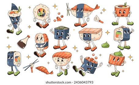 Set of sushi comic characters with face. Vector pop art symbol for japanese or asian food. Japan fish dish with rice roll and salmon, sashimi. Maki and nigiri, temaki and sake traditional sea cuisine