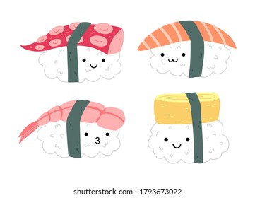 Set of sushi with cute kawaii faces. Nigiri with octopus, salmon, shrimp and egg. Tamago, ebi, sake, tako nigiri sushi. Hand drawn japanese food vector illustrations.