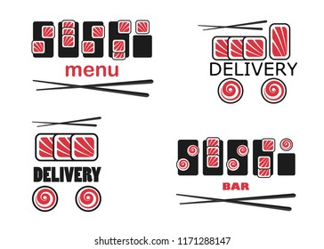 Set of sushi delivery, bur or menu logo template. Sushi car from fish fillet and roll wheels sign. Vector illustration eps 10