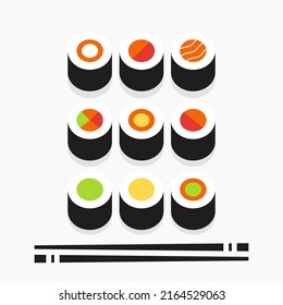 Set of sushi with different toppings and chopsticks on a white background.