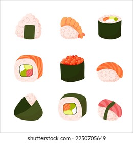 Set for sushi. Different types of sushi and rolls. Traditional Japanese roll, with tobiko caviar, original with Philadelphia cheese and soy sauce, salmon and king prawns. Vector illustration